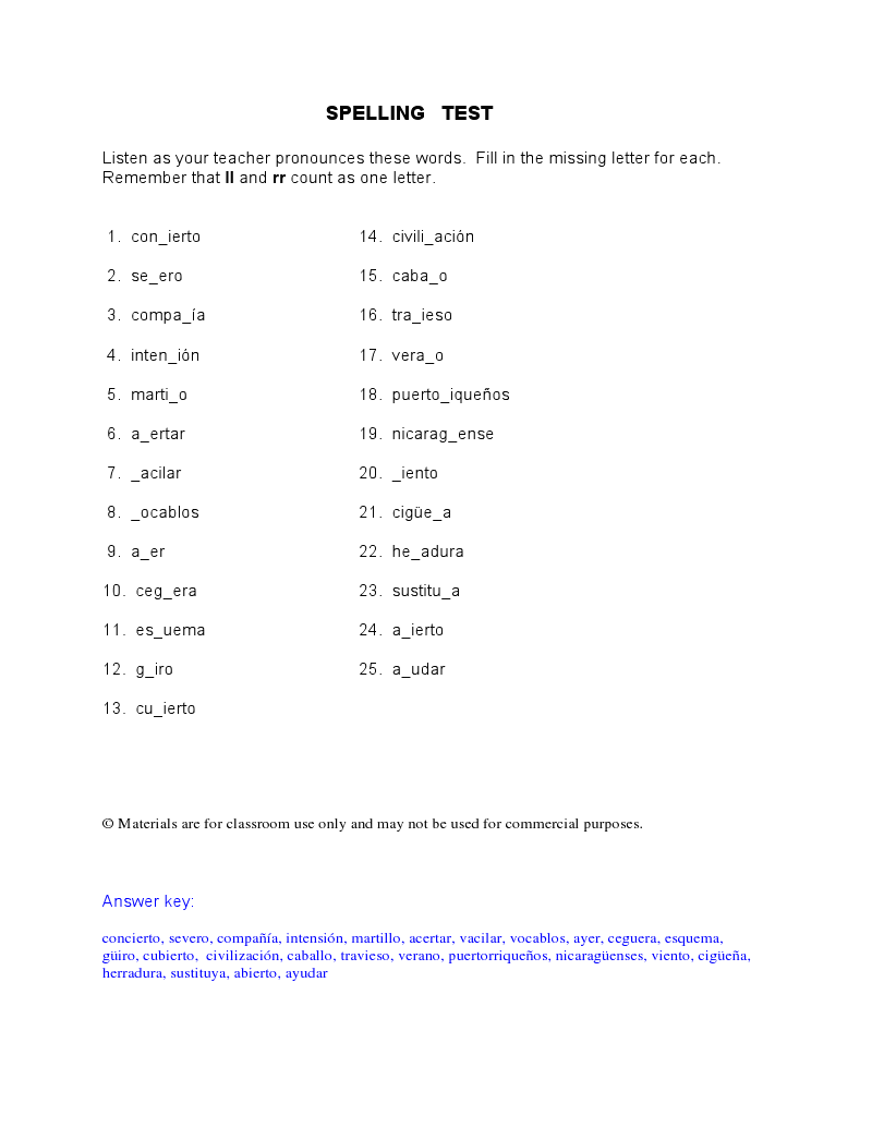 spelling-test-spanish-lesson